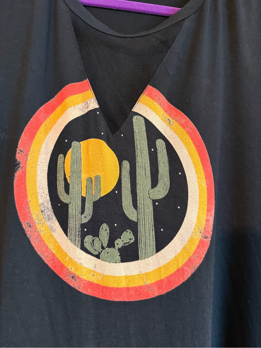 Rock & Roll Cowgirl Black Long Sleeve Tee with Sunset Cactus Graphic